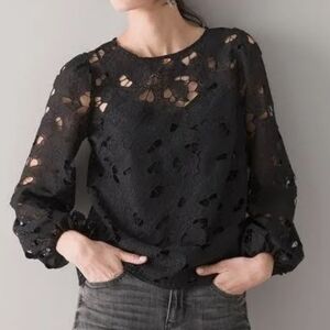 NWT White House Black Market Black Cutout Sheer Blouse With Tank Liner